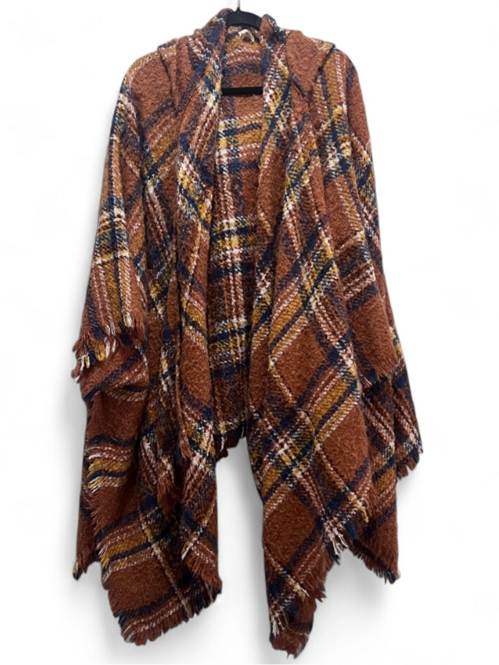 World Market Cozy Plaid Hooded Poncho Sweater - Rust Brown & Navy ONE SIZE